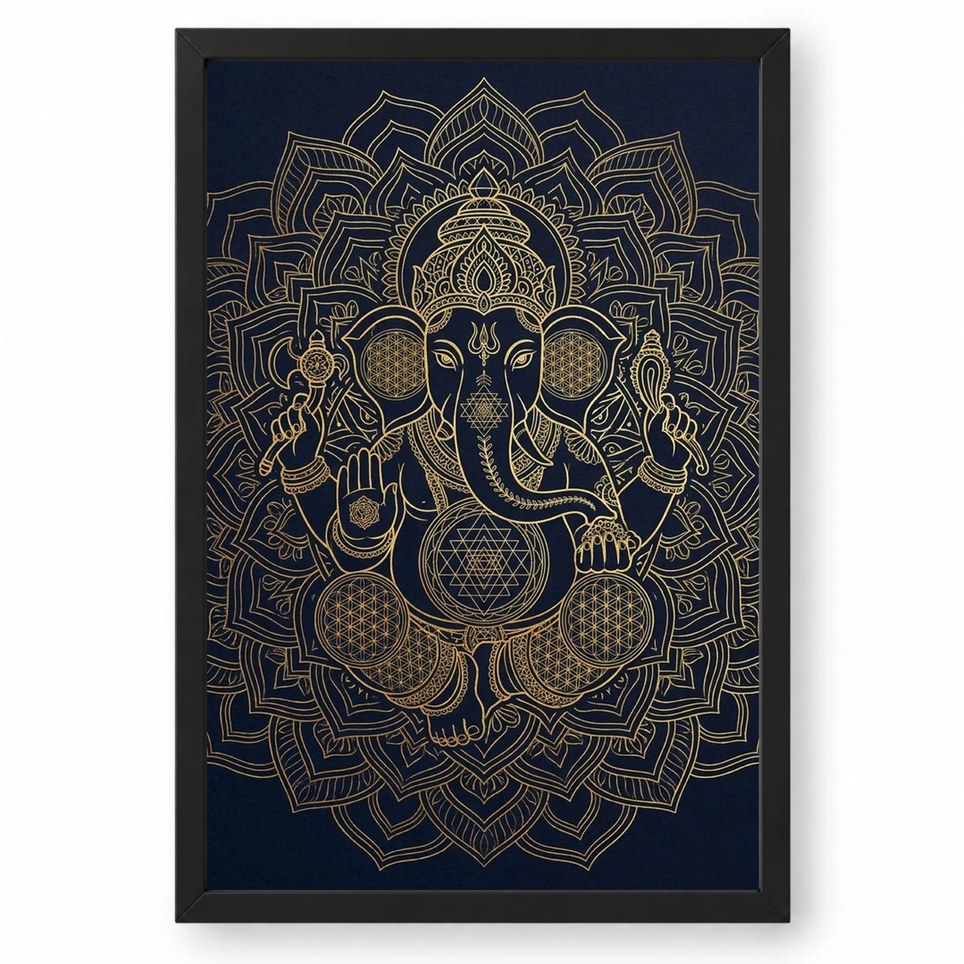 Ganesha Sacred Geometry Line Art Gold Navy Luxury Wall Art Photo Frame