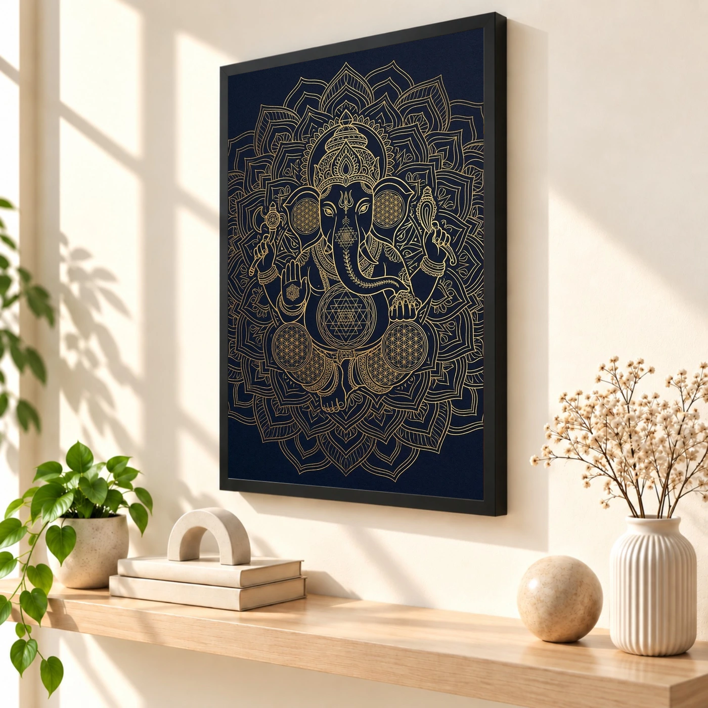 Ganesha Sacred Geometry Line Art Gold Navy Luxury Wall Art Photo Frame, view 2