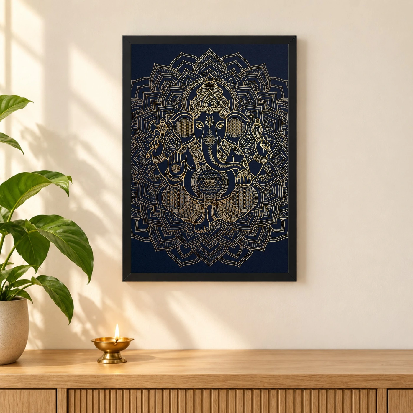 Ganesha Sacred Geometry Line Art Gold Navy Luxury Wall Art Photo Frame, view 3