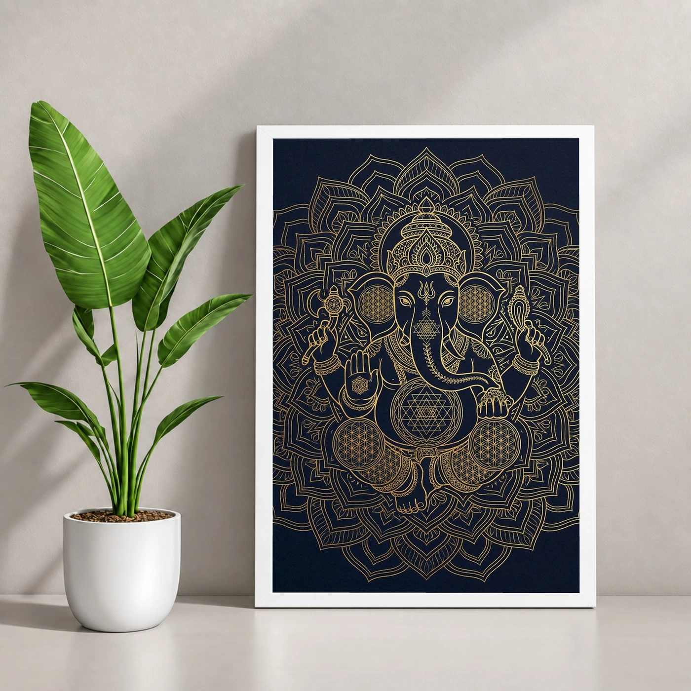 Ganesha Sacred Geometry Line Art Gold Navy Luxury Wall Art Photo Frame, view 4