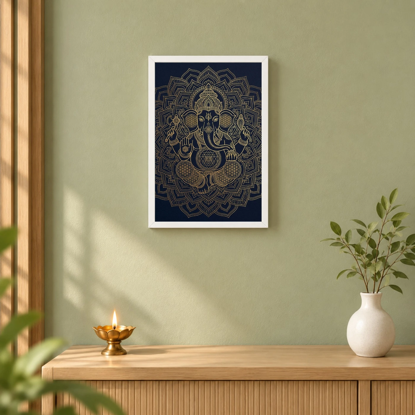 Ganesha Sacred Geometry Line Art Gold Navy Luxury Wall Art Photo Frame, view 6