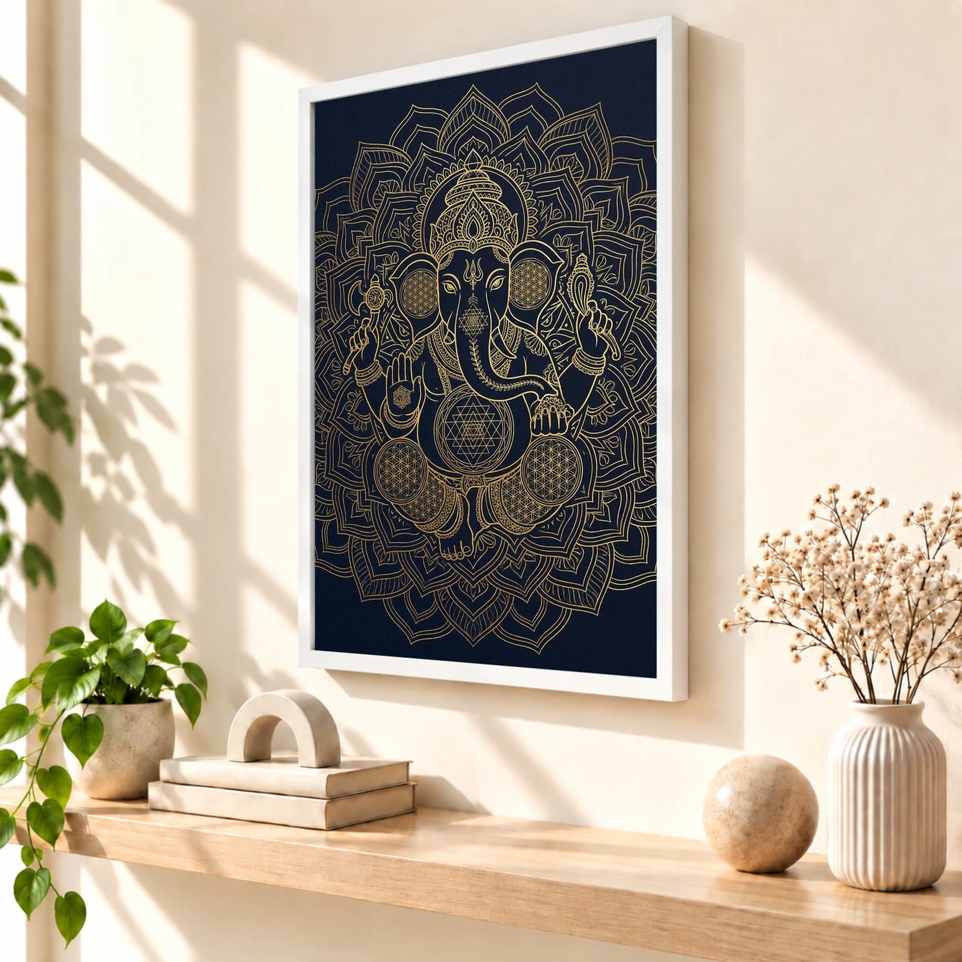 Ganesha Sacred Geometry Line Art Gold Navy Luxury Wall Art Photo Frame, view 7