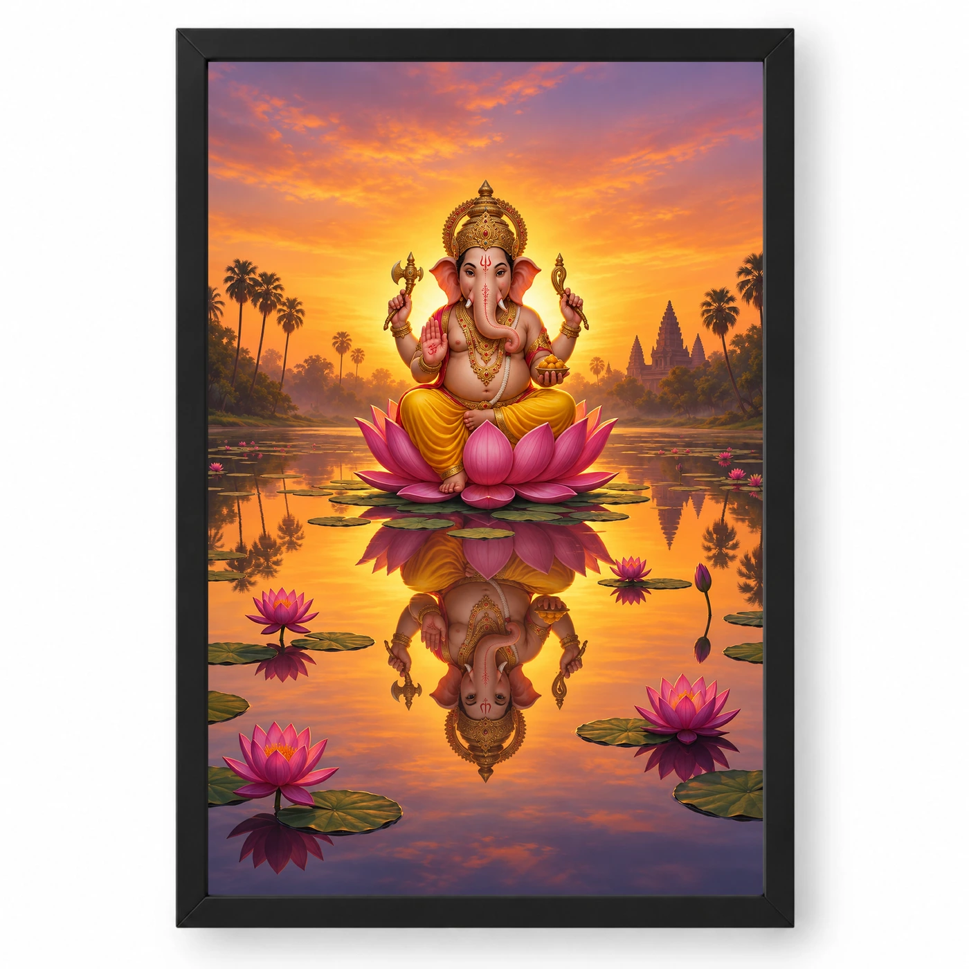 Ganesha Sunrise Lotus Pond Golden Morning Digital Art Photo Frame