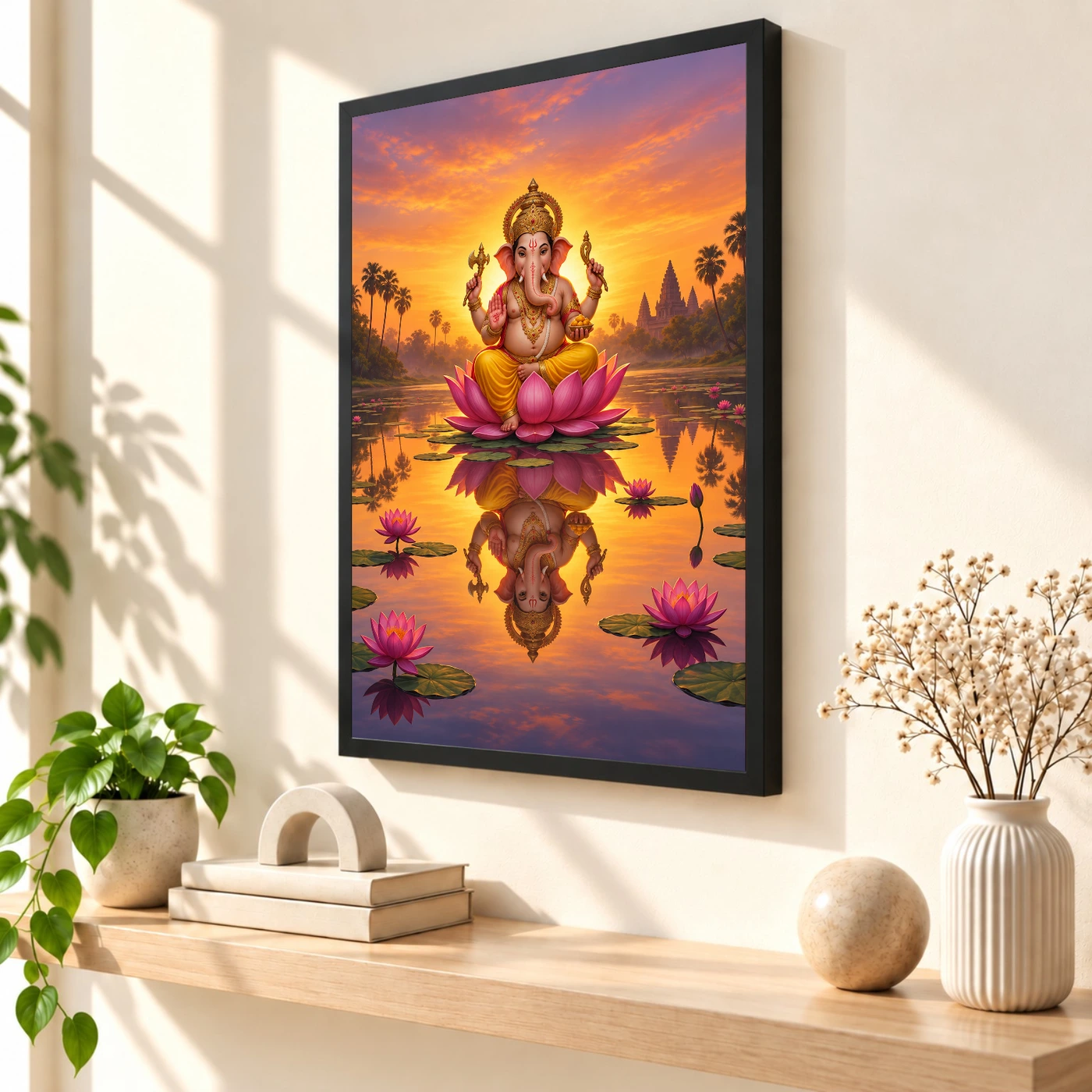 Ganesha Sunrise Lotus Pond Golden Morning Digital Art Photo Frame, view 2