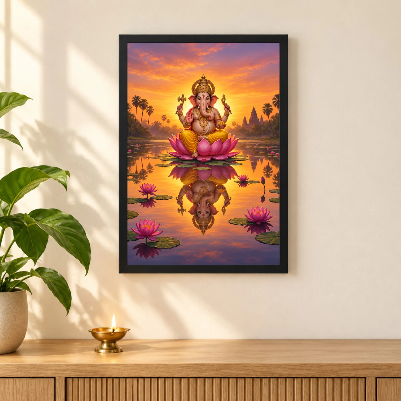 Ganesha Sunrise Lotus Pond Golden Morning Digital Art Photo Frame, view 3