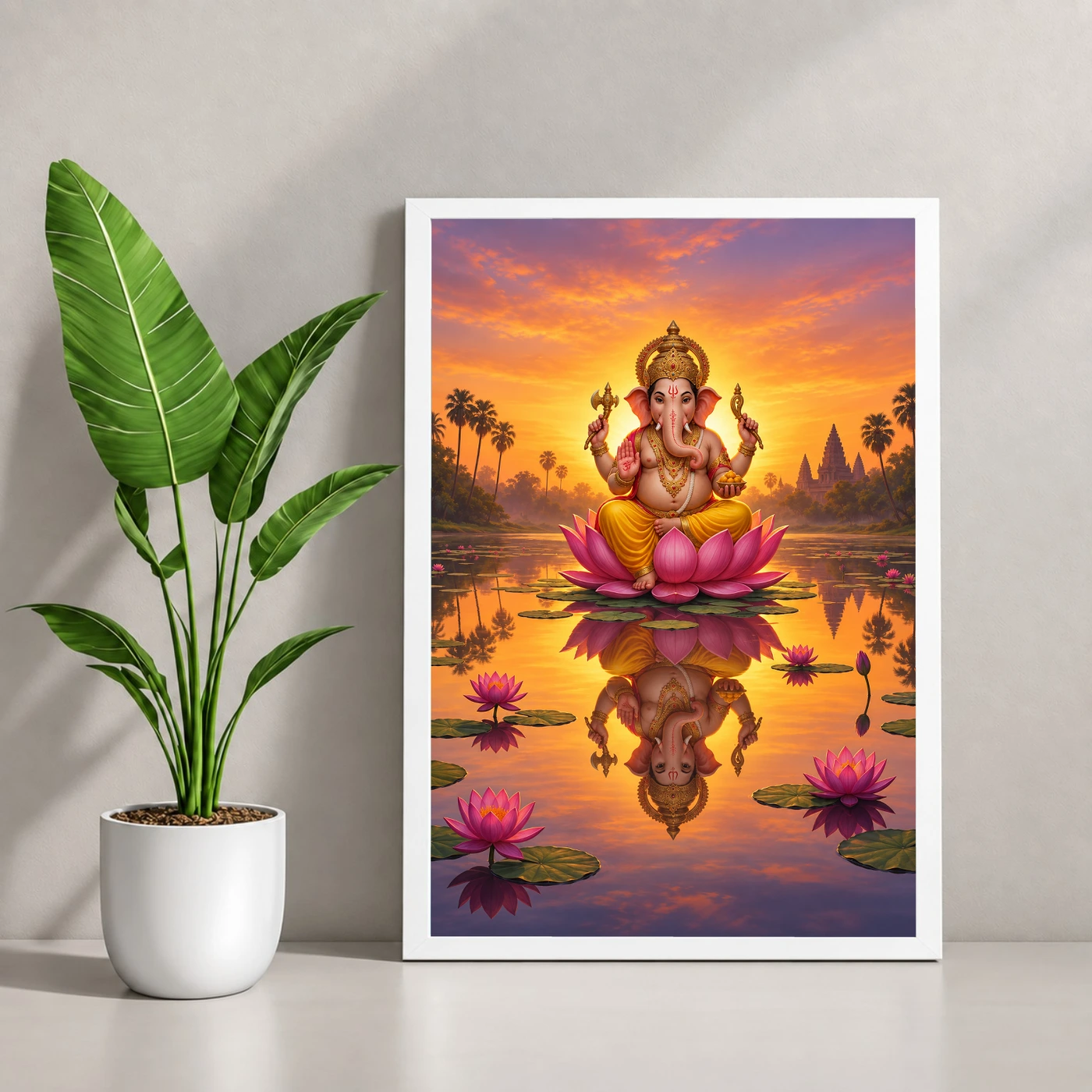 Ganesha Sunrise Lotus Pond Golden Morning Digital Art Photo Frame, view 4