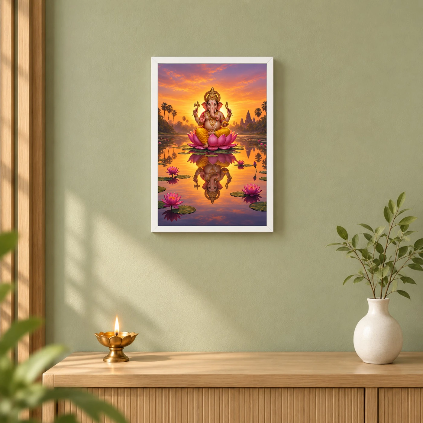 Ganesha Sunrise Lotus Pond Golden Morning Digital Art Photo Frame, view 6