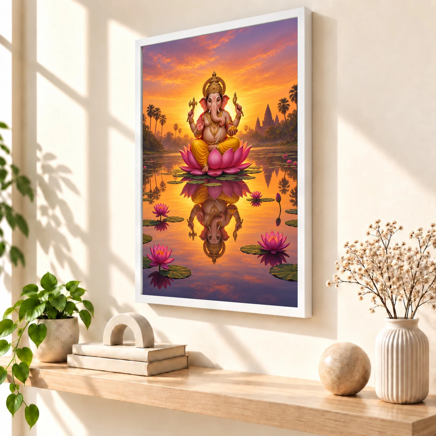 Ganesha Sunrise Lotus Pond Golden Morning Digital Art Photo Frame, view 7