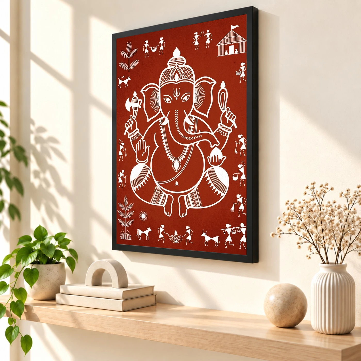 Ganesha Warli Tribal Art White Red Maharashtra Folk Art Photo Frame, view 2