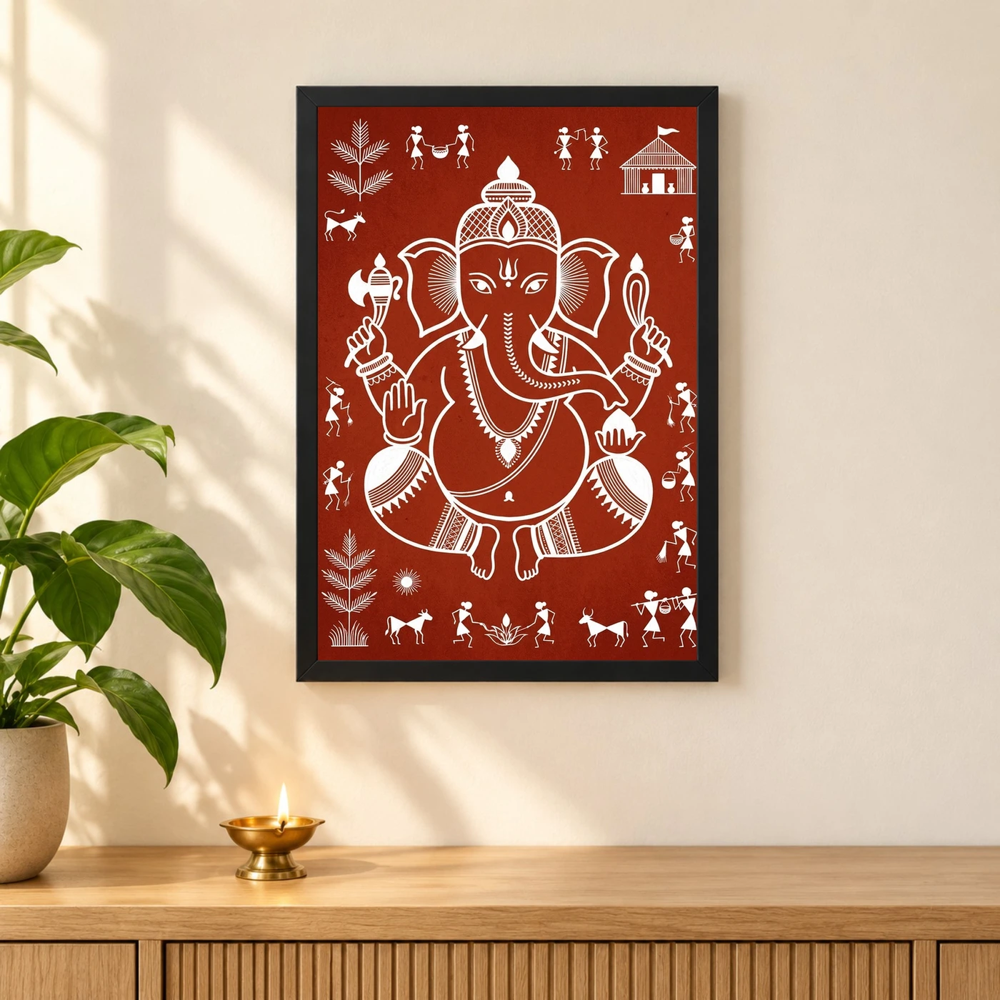 Ganesha Warli Tribal Art White Red Maharashtra Folk Art Photo Frame, view 3