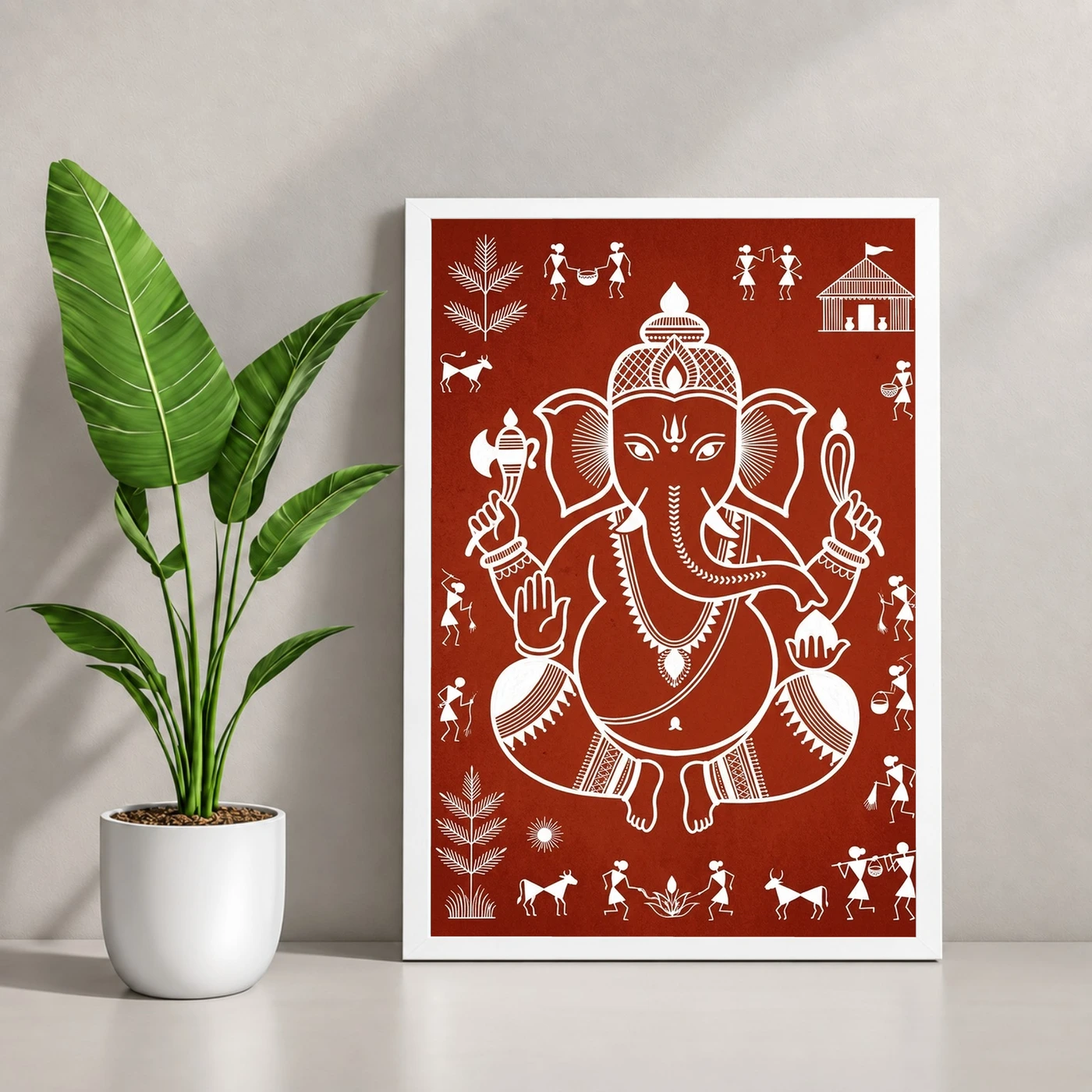 Ganesha Warli Tribal Art White Red Maharashtra Folk Art Photo Frame, view 4