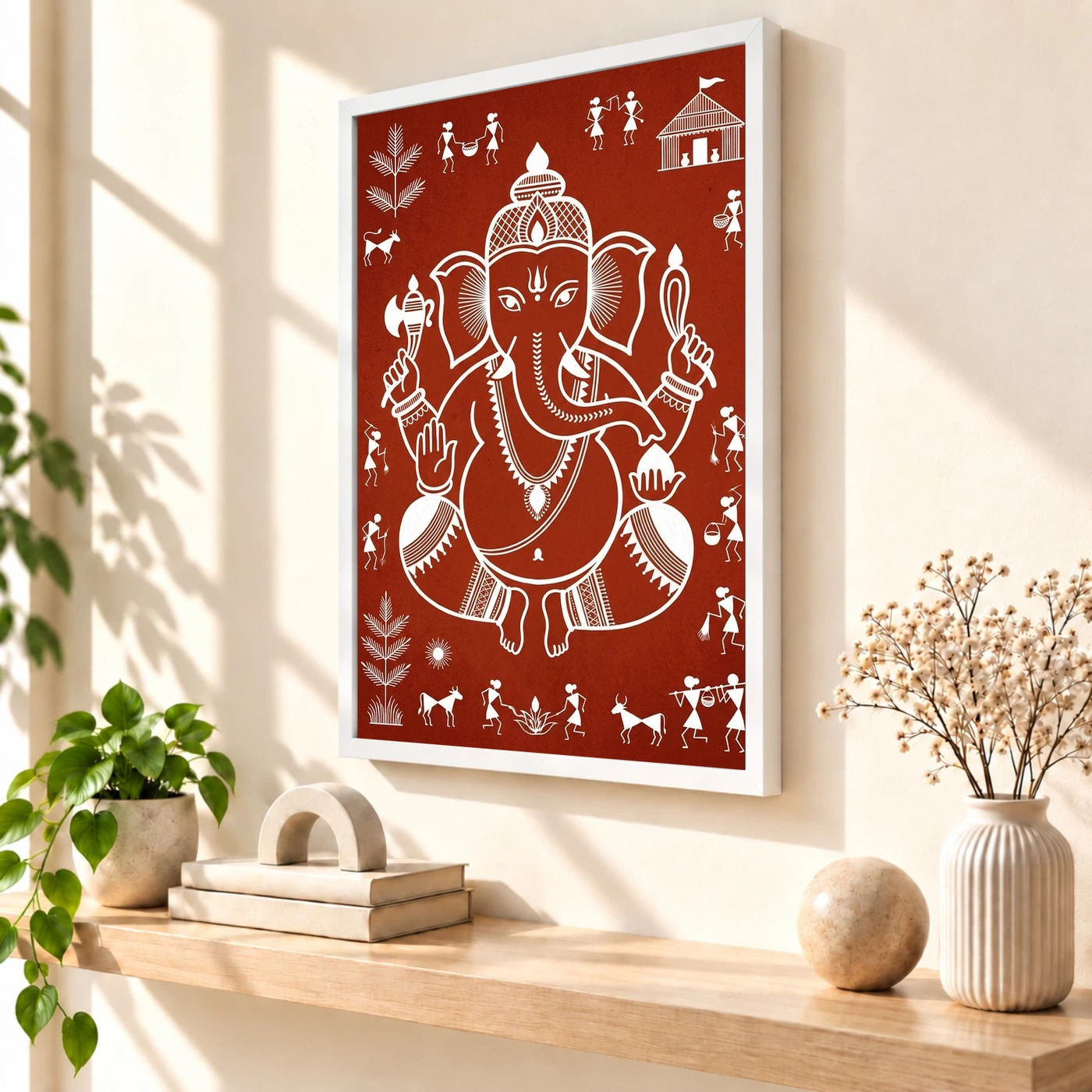 Ganesha Warli Tribal Art White Red Maharashtra Folk Art Photo Frame, view 7