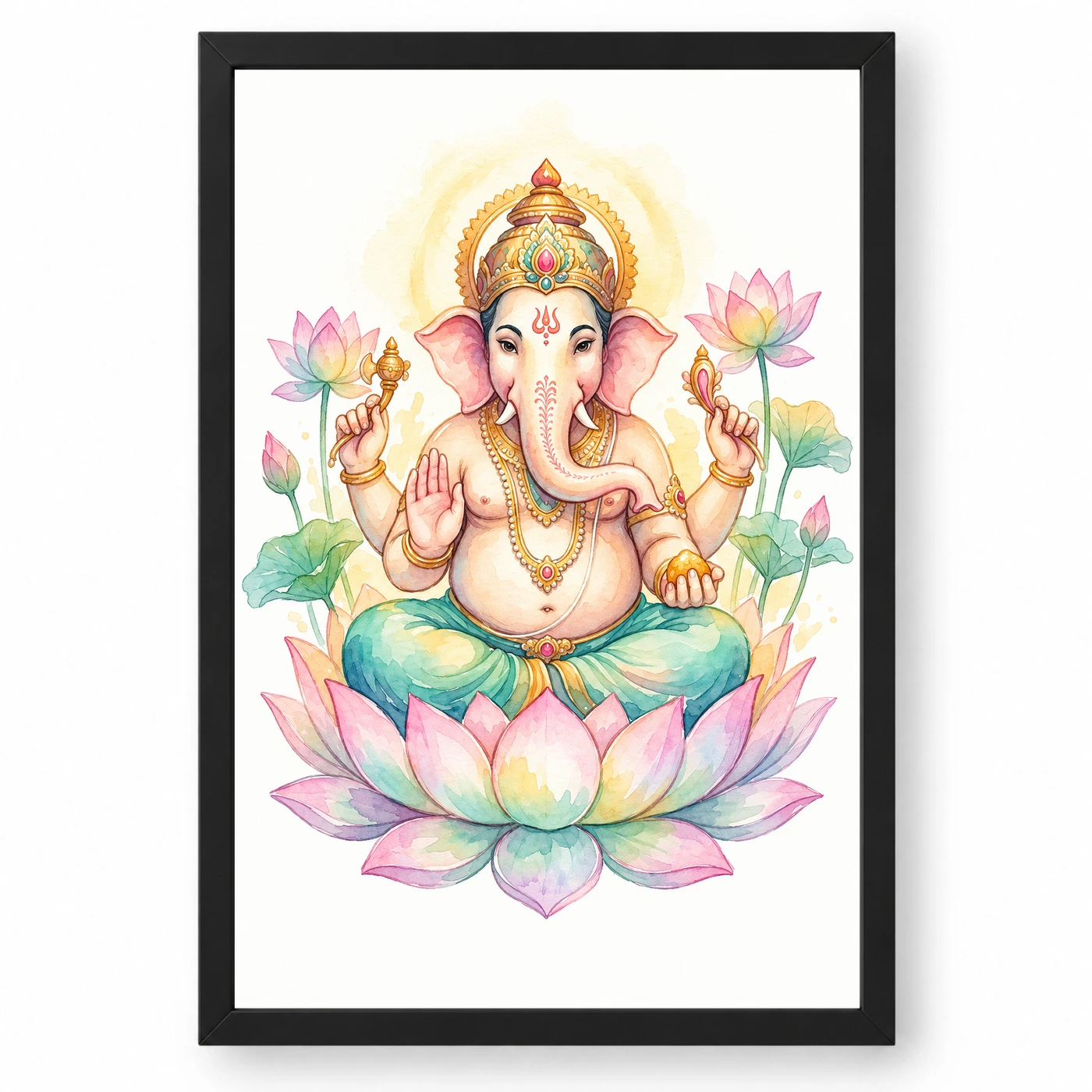 Ganesha Watercolor Meditation Pastel Lotus Spiritual Art Photo Frame