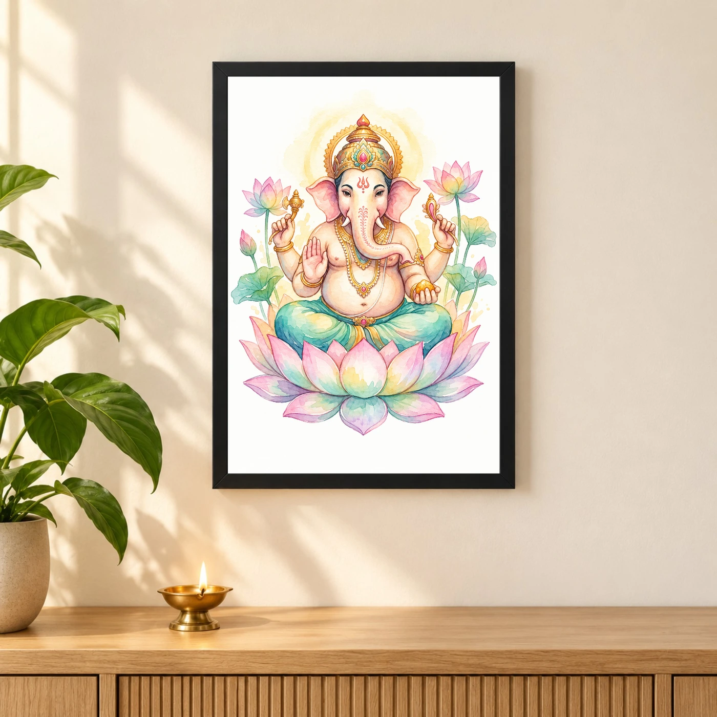 Ganesha Watercolor Meditation Pastel Lotus Spiritual Art Photo Frame, view 3