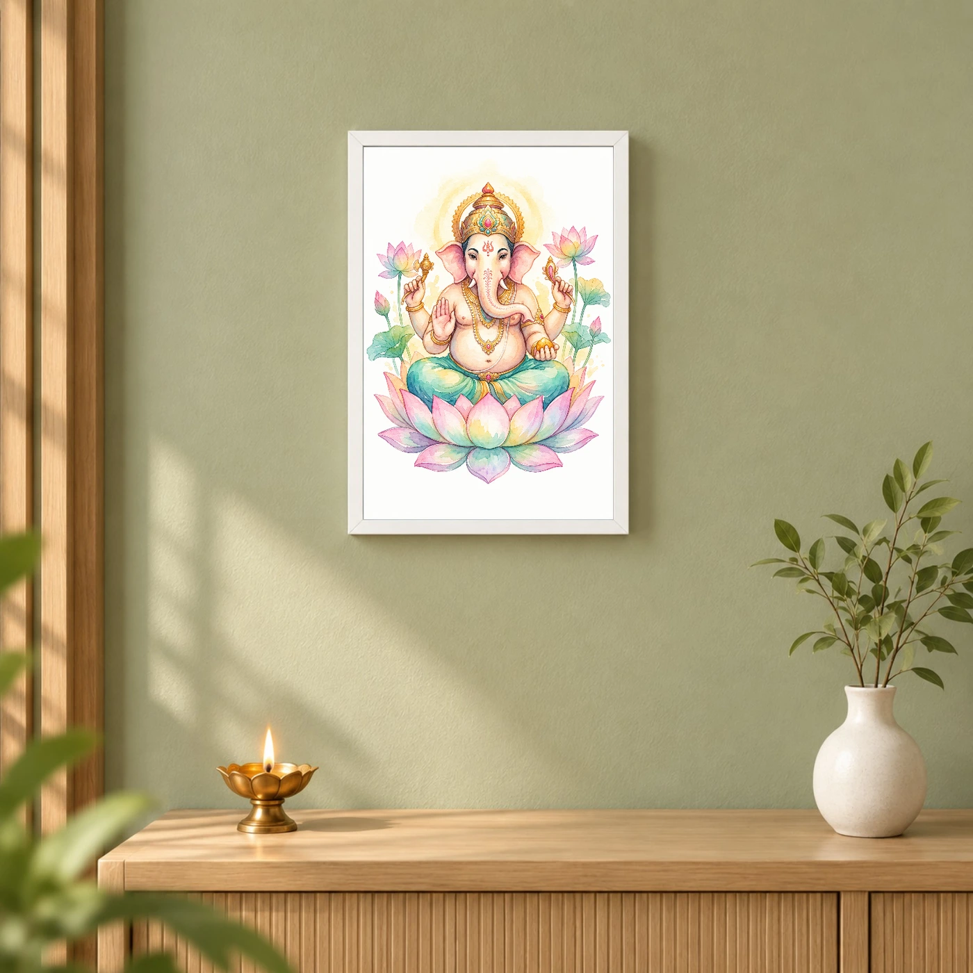 Ganesha Watercolor Meditation Pastel Lotus Spiritual Art Photo Frame, view 6