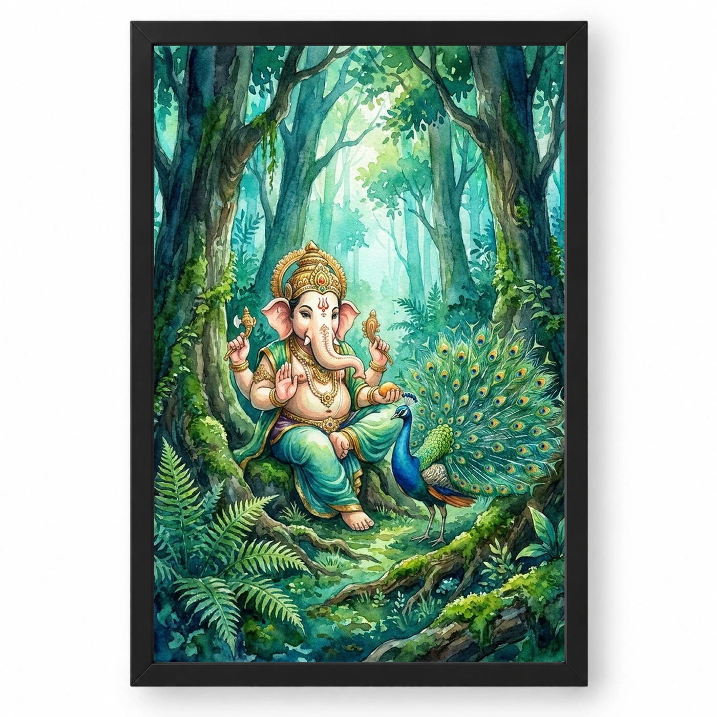 Ganesha With Peacock Forest Watercolor Vibrant Art Photo Frame