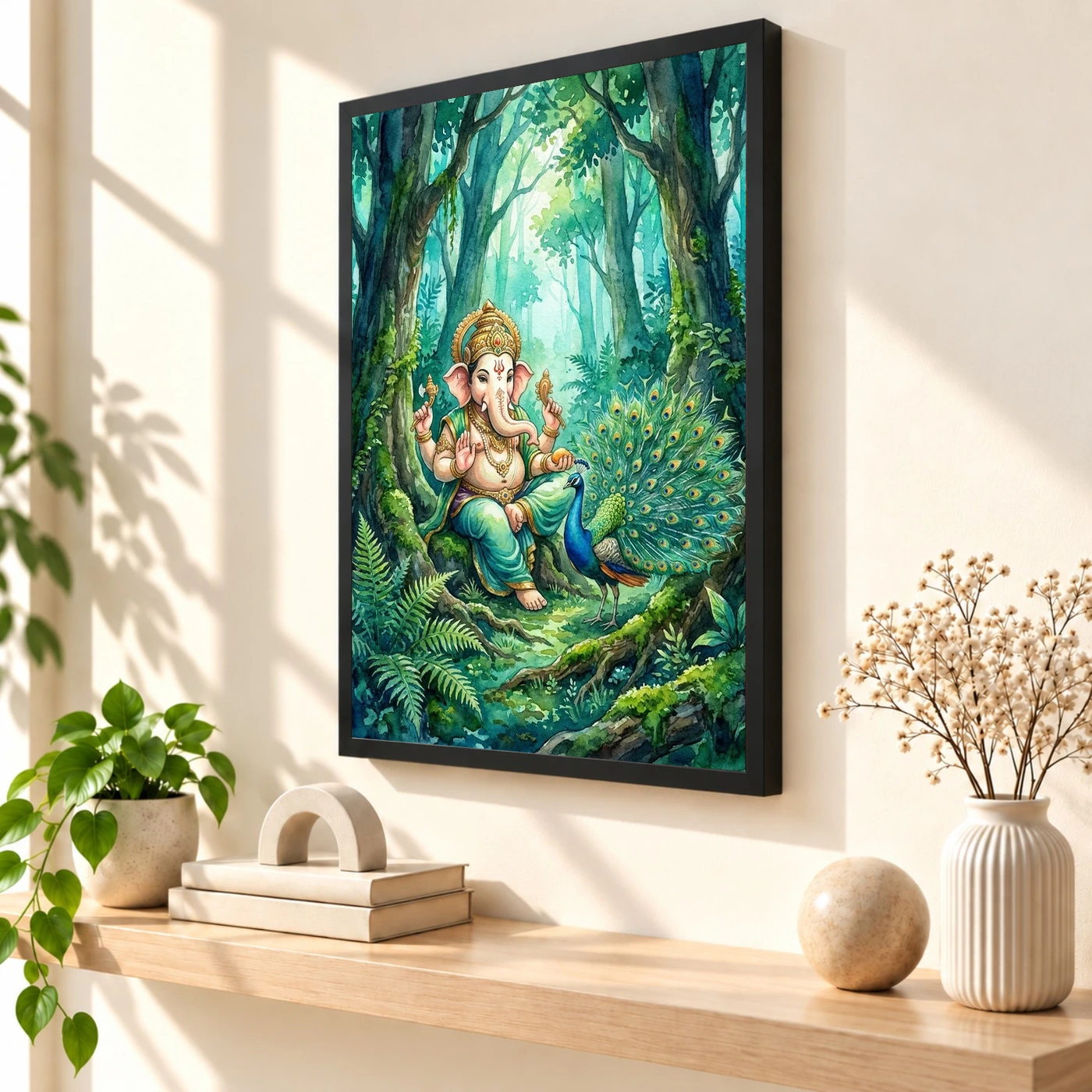 Ganesha With Peacock Forest Watercolor Vibrant Art Photo Frame, view 2