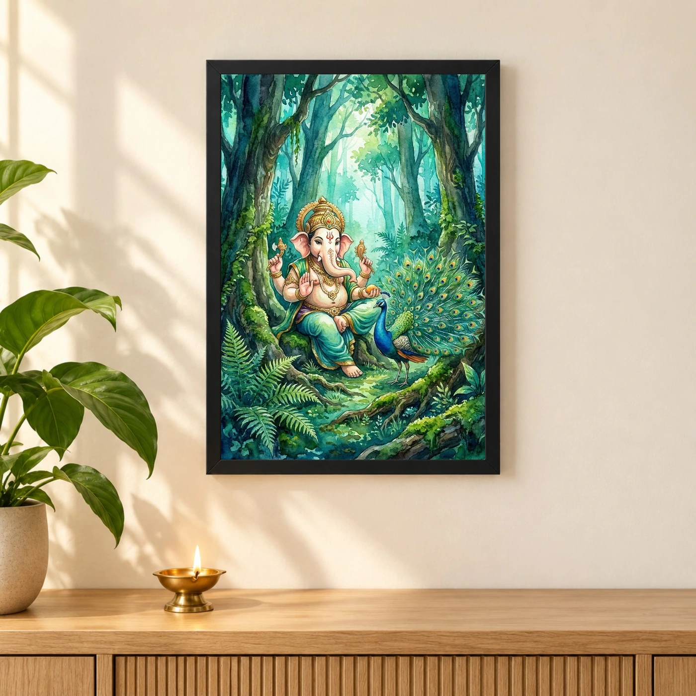 Ganesha With Peacock Forest Watercolor Vibrant Art Photo Frame, view 3