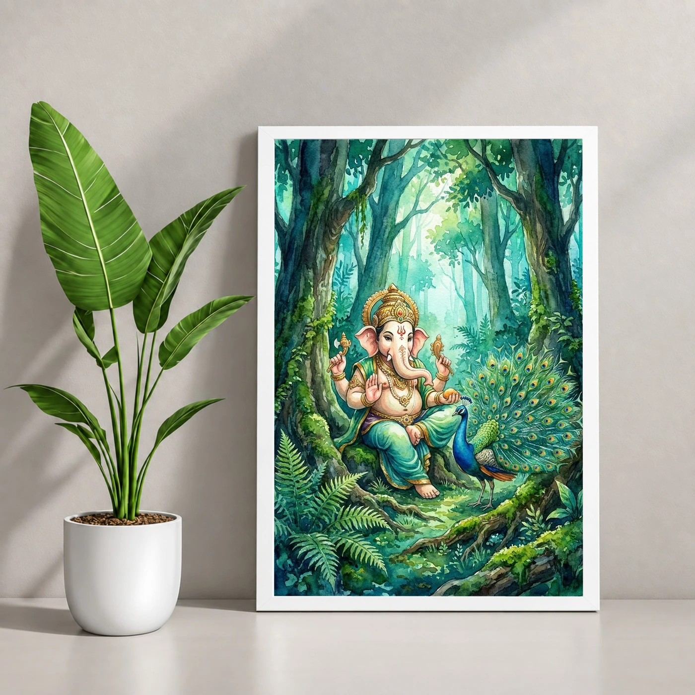 Ganesha With Peacock Forest Watercolor Vibrant Art Photo Frame, view 4