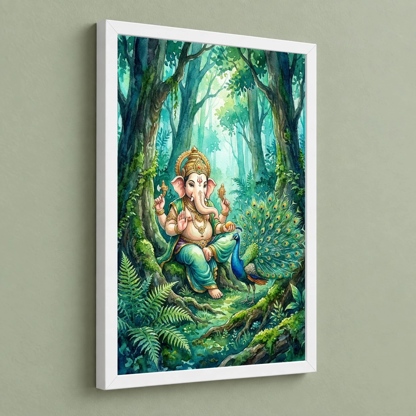Ganesha With Peacock Forest Watercolor Vibrant Art Photo Frame, view 5