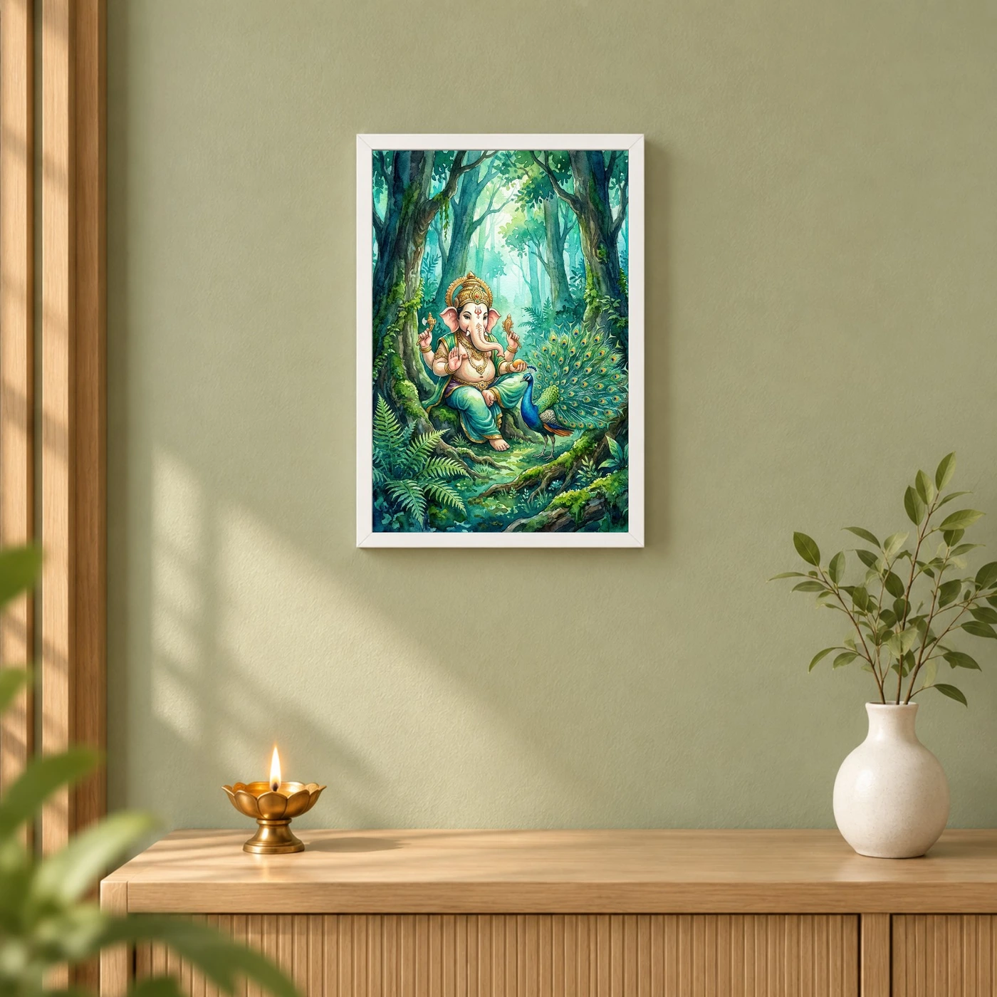 Ganesha With Peacock Forest Watercolor Vibrant Art Photo Frame, view 6