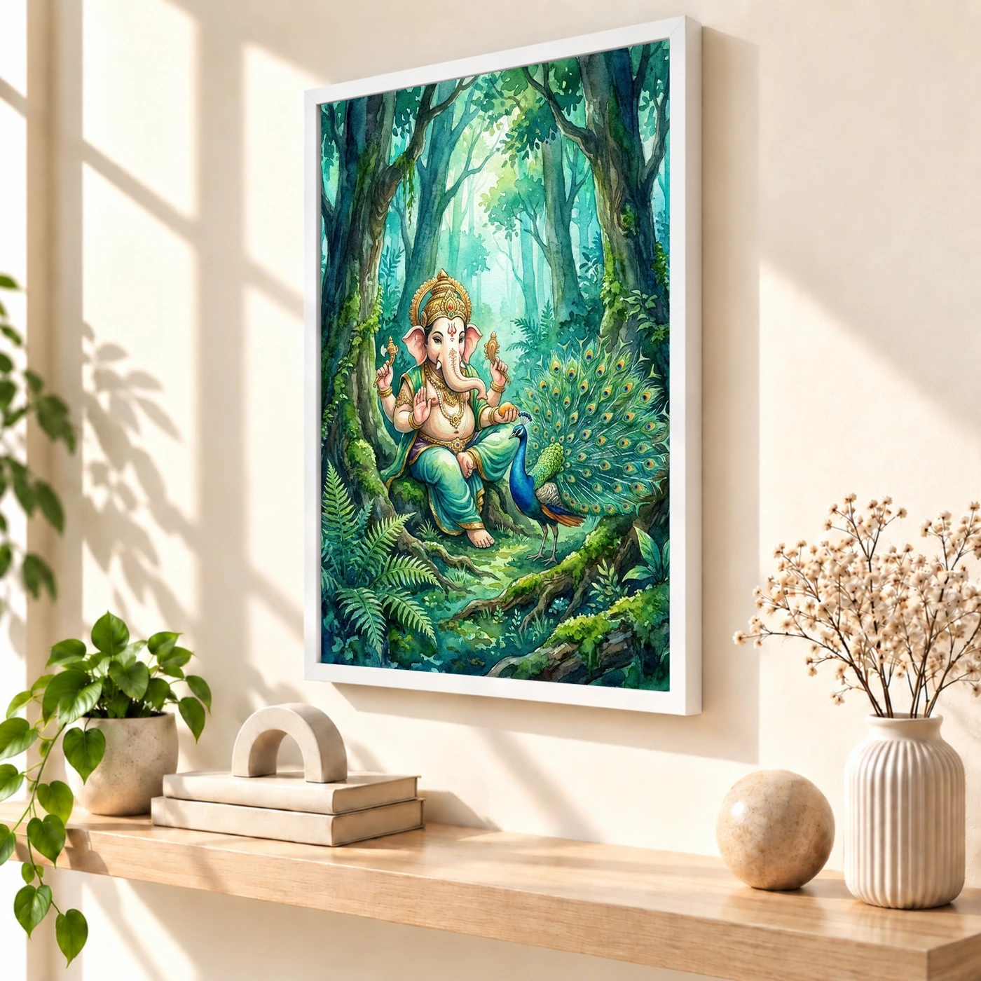 Ganesha With Peacock Forest Watercolor Vibrant Art Photo Frame, view 7