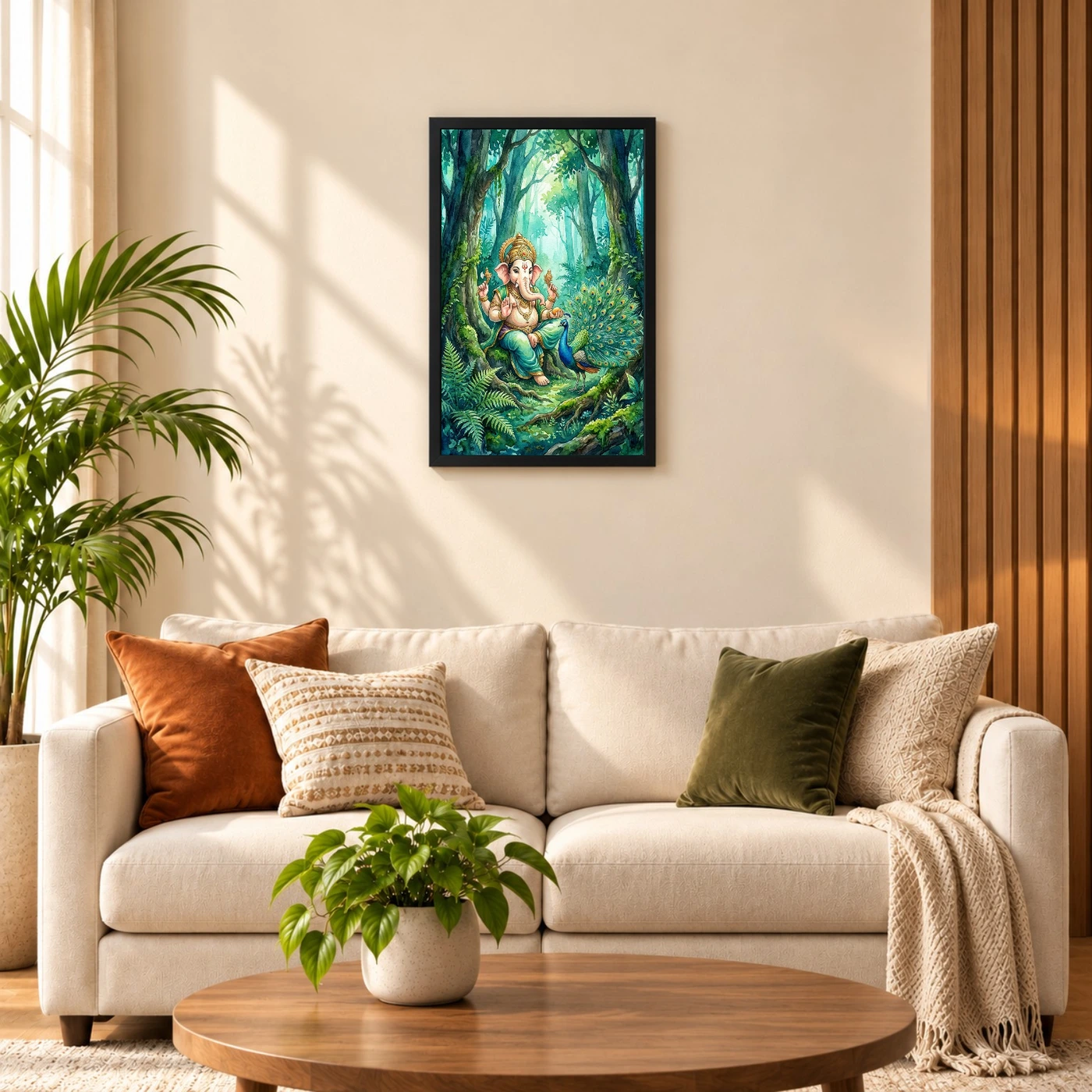 Ganesha With Peacock Forest Watercolor Vibrant Art Photo Frame, view 8