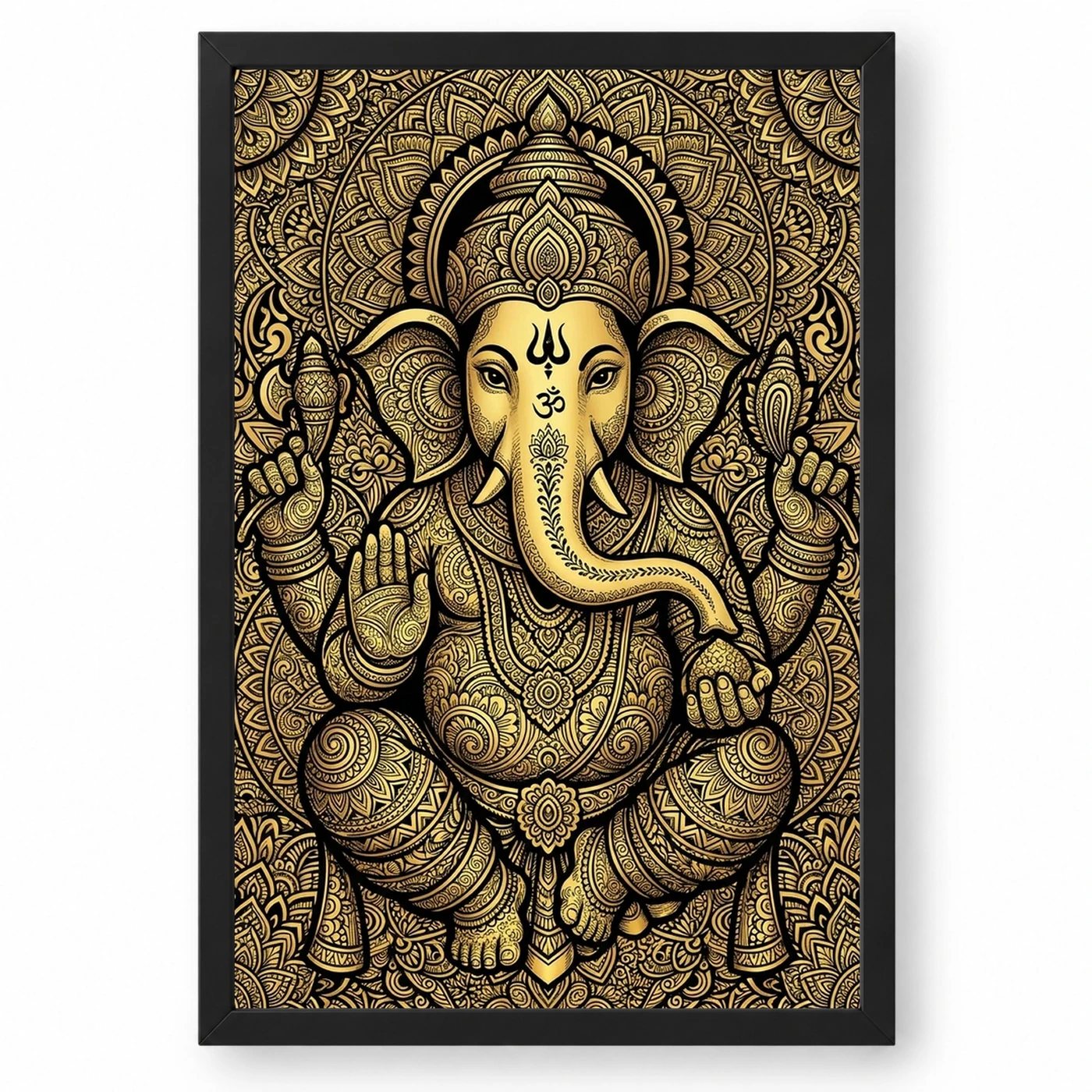 Ganesha Zentangle Black Gold Intricate Luxury Poster Art Photo Frame
