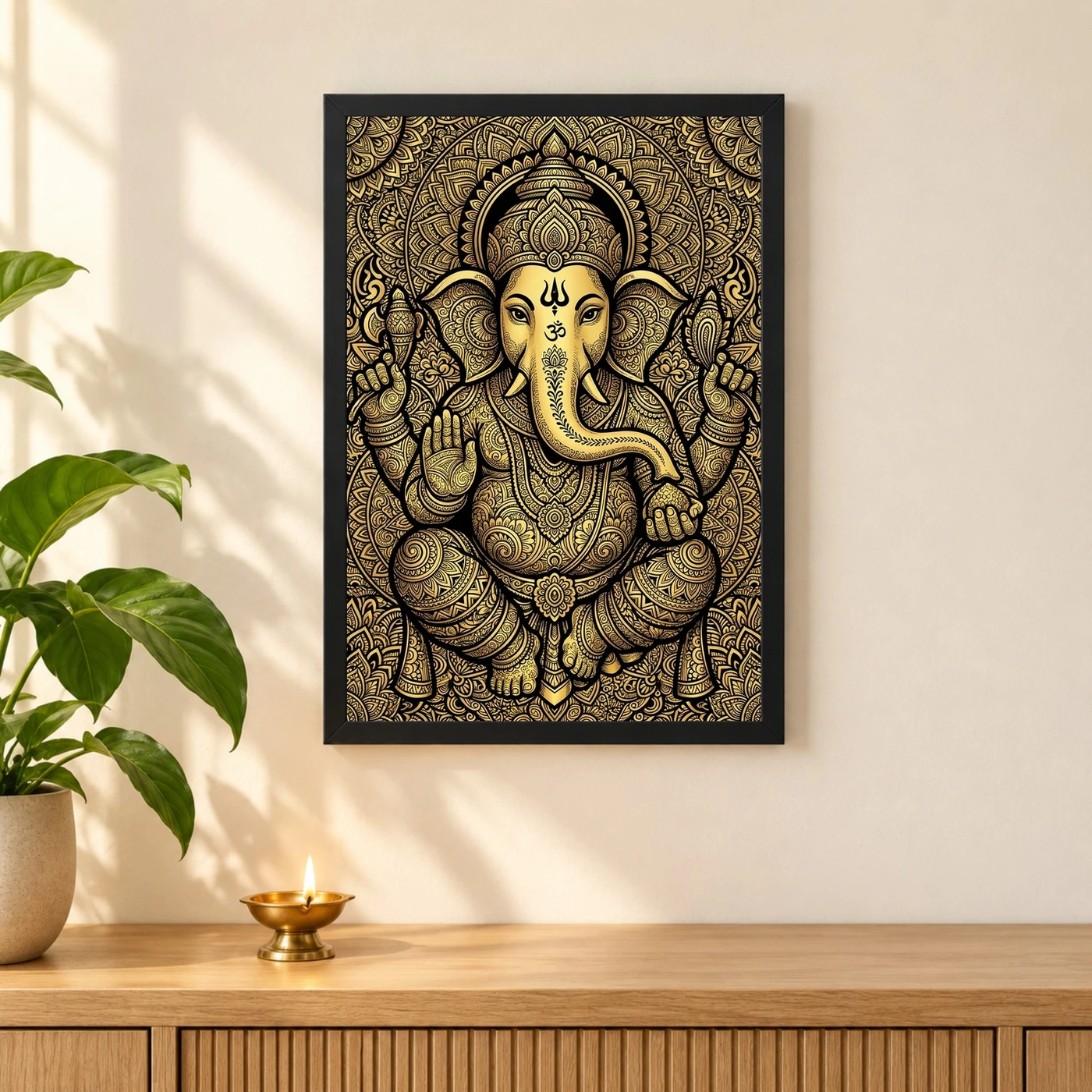 Ganesha Zentangle Black Gold Intricate Luxury Poster Art Photo Frame, view 3