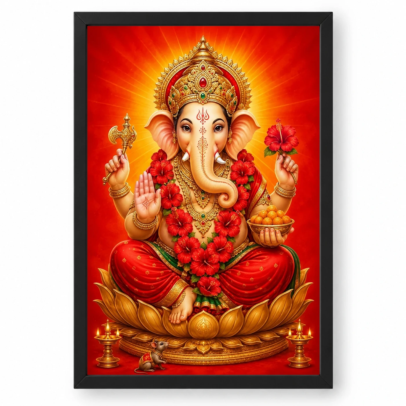 Ganpati Bappa — Red Hibiscus Radiance Frame
