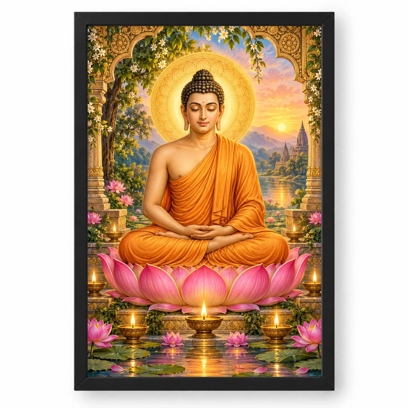 Gautam Buddha Lotus and Diya Radiance Photo Frame