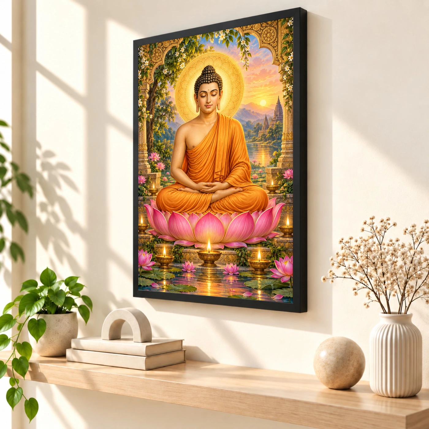 Gautam Buddha Lotus and Diya Radiance Photo Frame, view 2