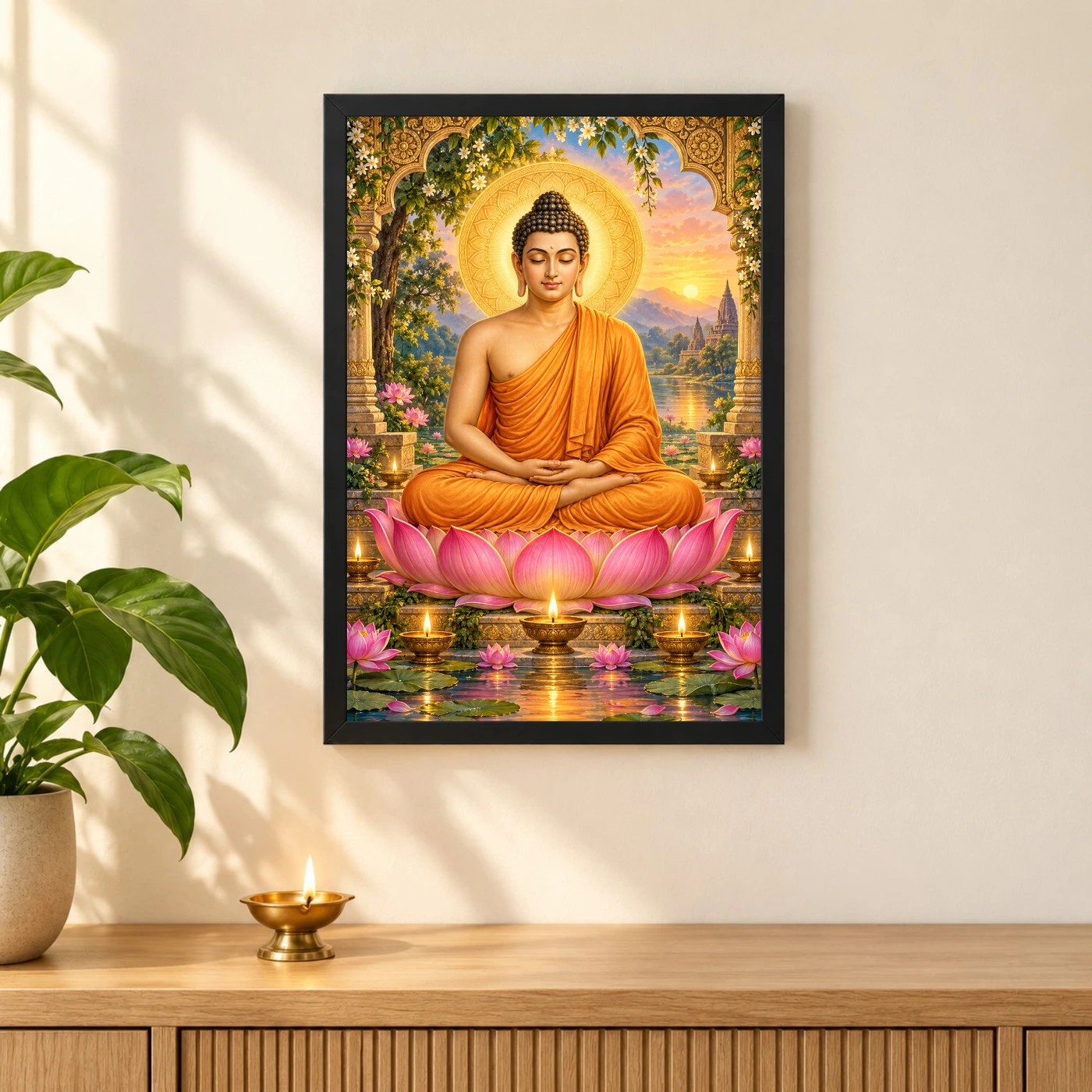 Gautam Buddha Lotus and Diya Radiance Photo Frame, view 3