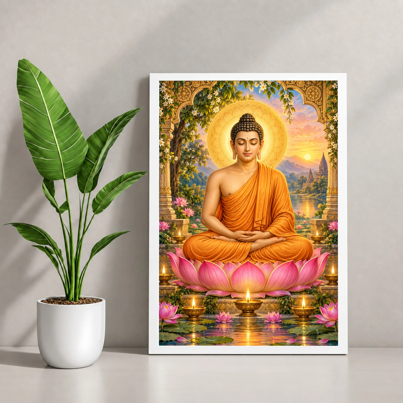 Gautam Buddha Lotus and Diya Radiance Photo Frame, view 4