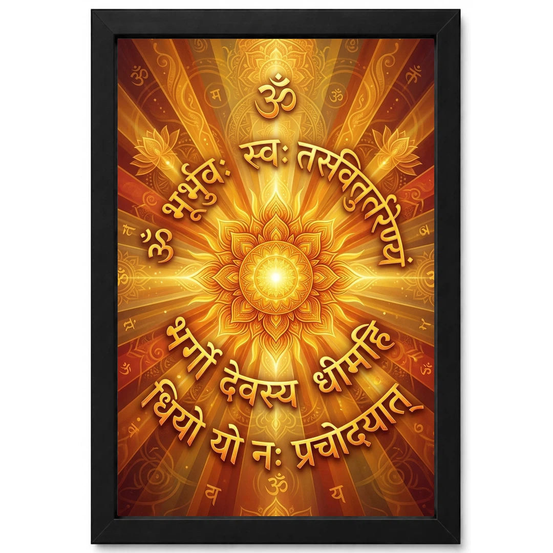 Gayatri Mantra Sacred Art Sun Rays Sanskrit Gold Orange Art Photo Frame