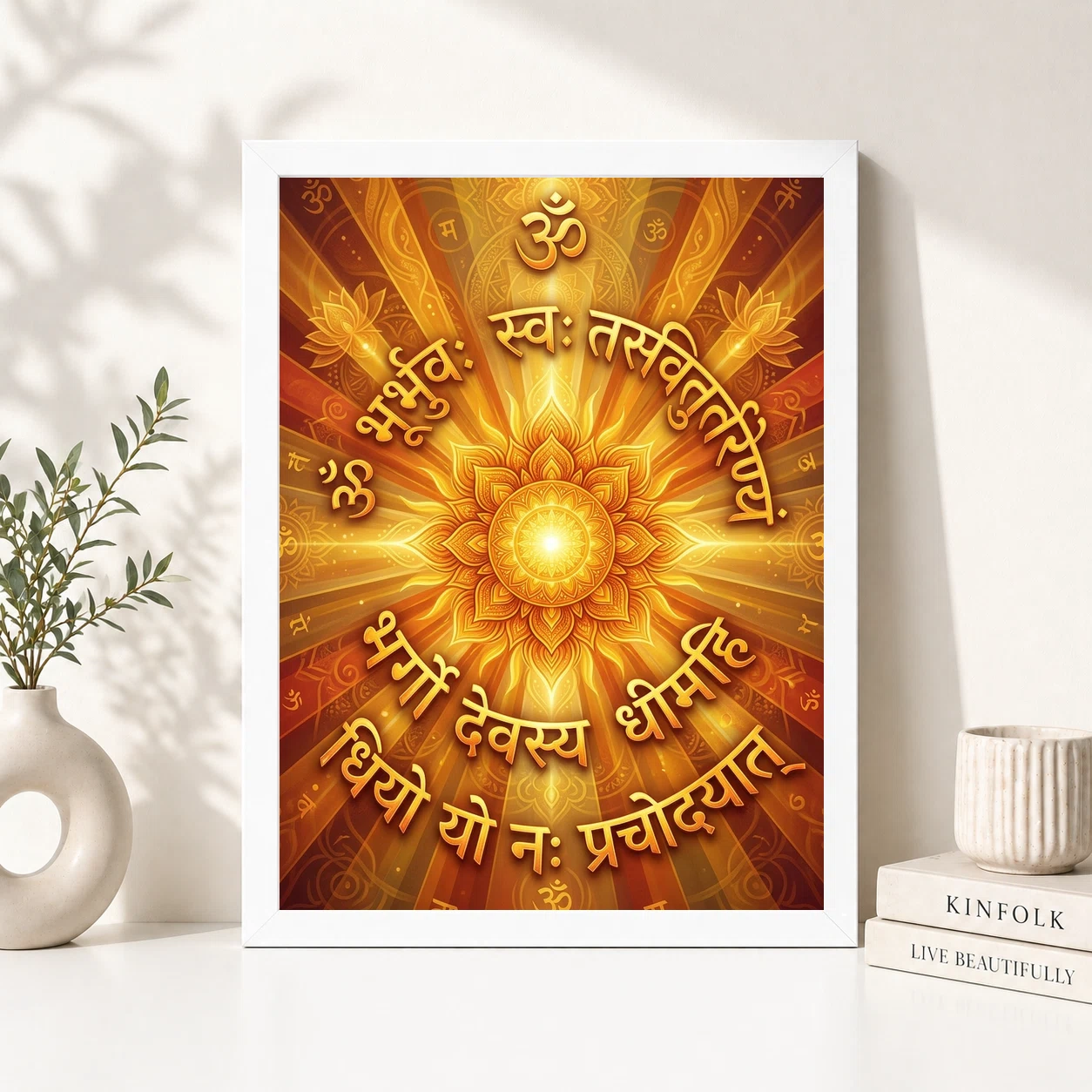 Gayatri Mantra Sacred Art Sun Rays Sanskrit Gold Orange Art Photo Frame, view 2