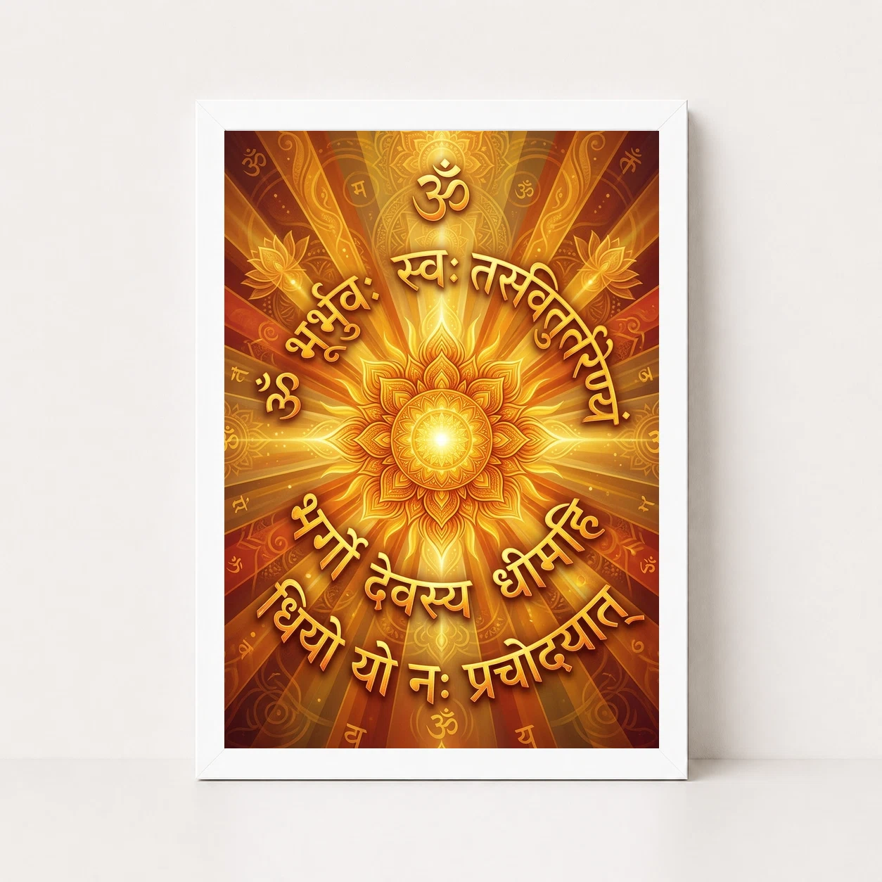 Gayatri Mantra Sacred Art Sun Rays Sanskrit Gold Orange Art Photo Frame, view 3