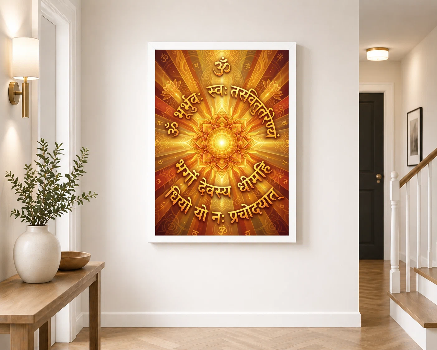 Gayatri Mantra Sacred Art Sun Rays Sanskrit Gold Orange Art Photo Frame, view 4