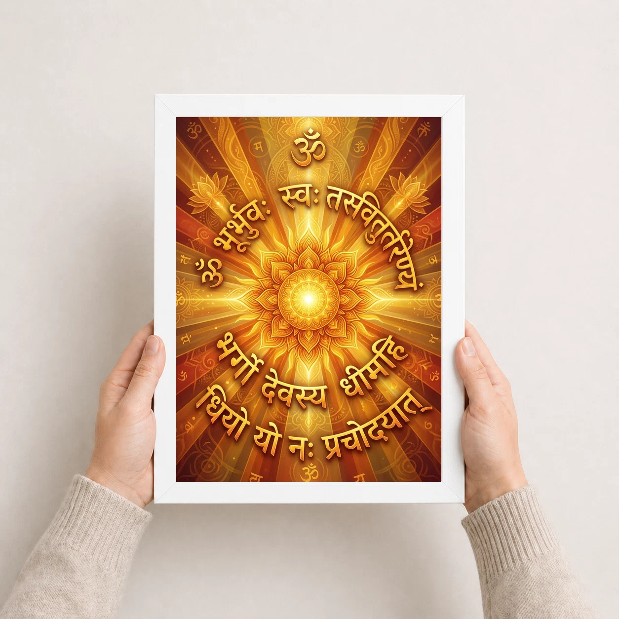 Gayatri Mantra Sacred Art Sun Rays Sanskrit Gold Orange Art Photo Frame, view 5