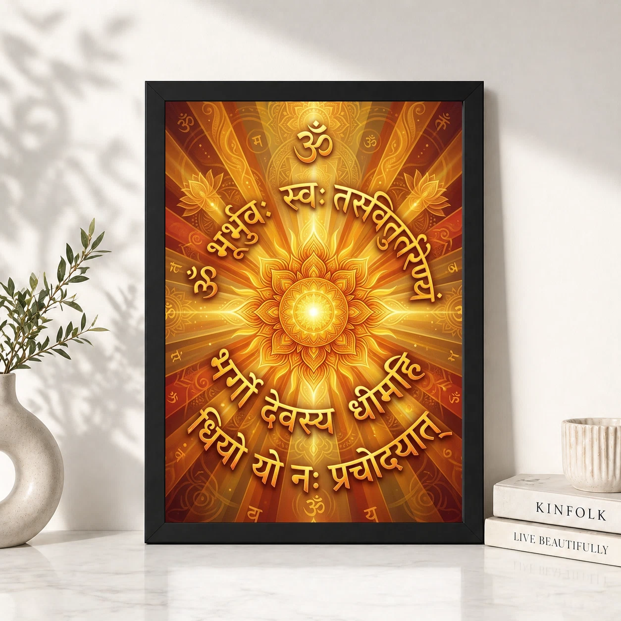 Gayatri Mantra Sacred Art Sun Rays Sanskrit Gold Orange Art Photo Frame, view 6