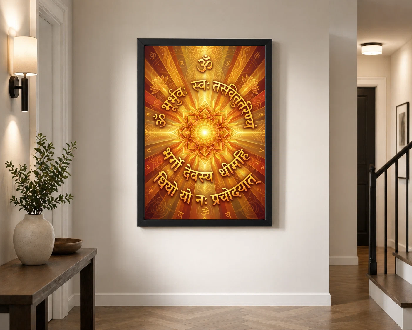 Gayatri Mantra Sacred Art Sun Rays Sanskrit Gold Orange Art Photo Frame, view 7