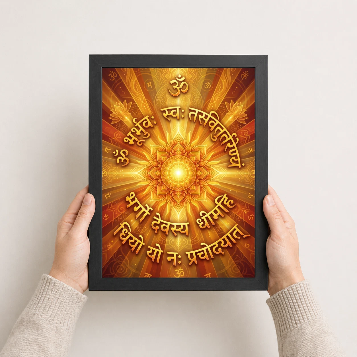 Gayatri Mantra Sacred Art Sun Rays Sanskrit Gold Orange Art Photo Frame, view 8