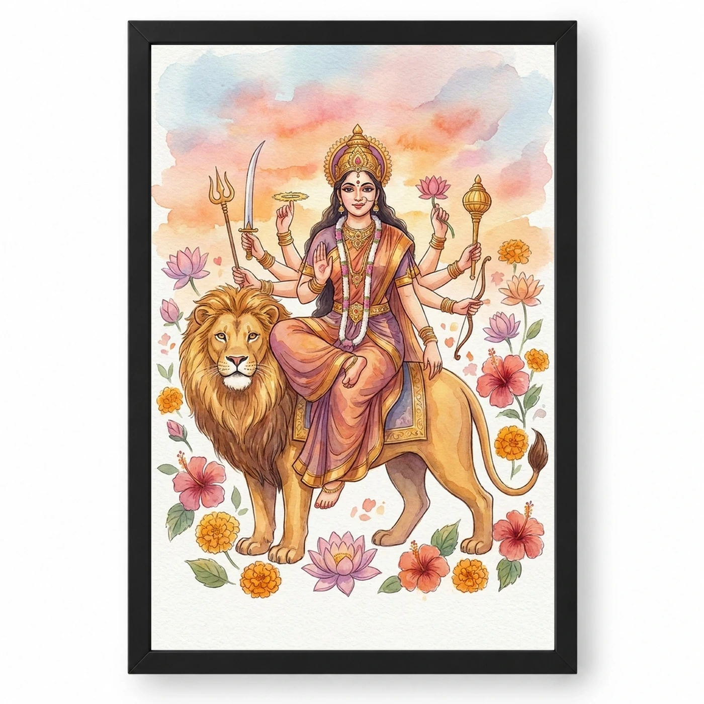 Goddess Durga Watercolor Lion Sunset Serene Powerful Art Photo Frame