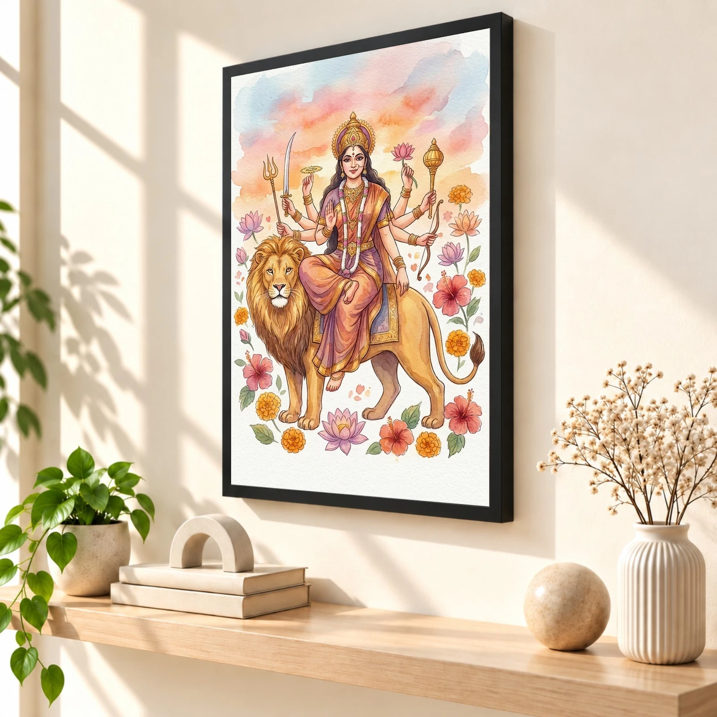 Goddess Durga Watercolor Lion Sunset Serene Powerful Art Photo Frame, view 2