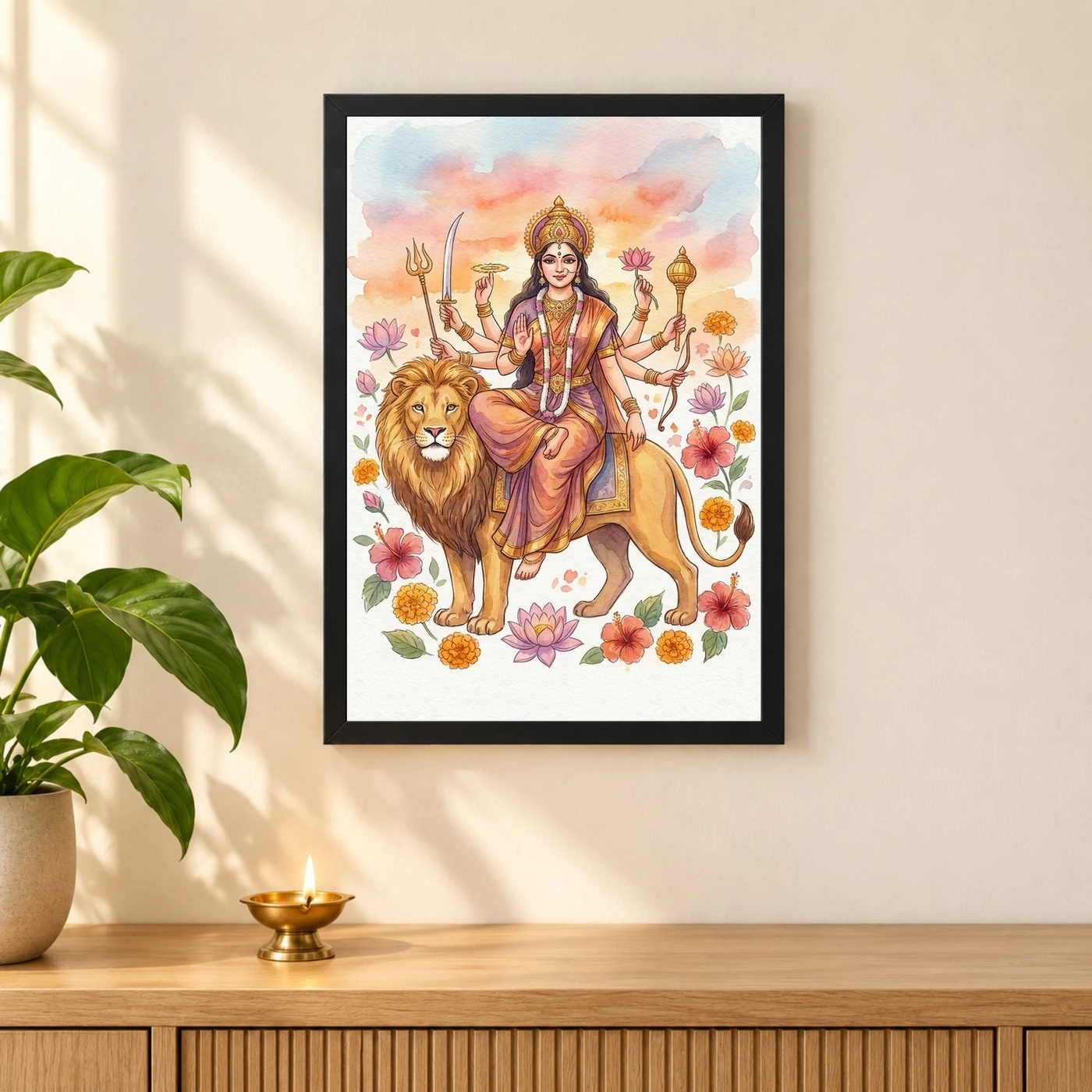 Goddess Durga Watercolor Lion Sunset Serene Powerful Art Photo Frame, view 3
