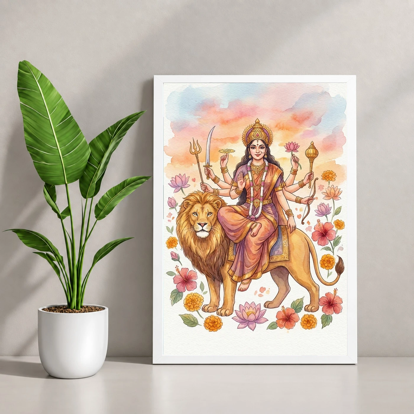 Goddess Durga Watercolor Lion Sunset Serene Powerful Art Photo Frame, view 4