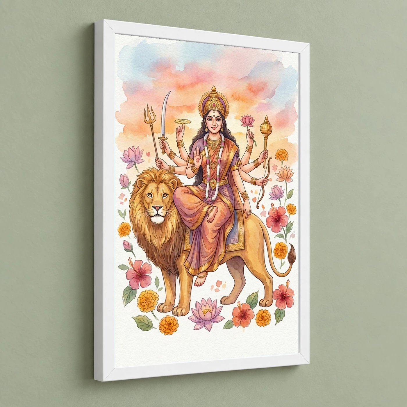 Goddess Durga Watercolor Lion Sunset Serene Powerful Art Photo Frame, view 5