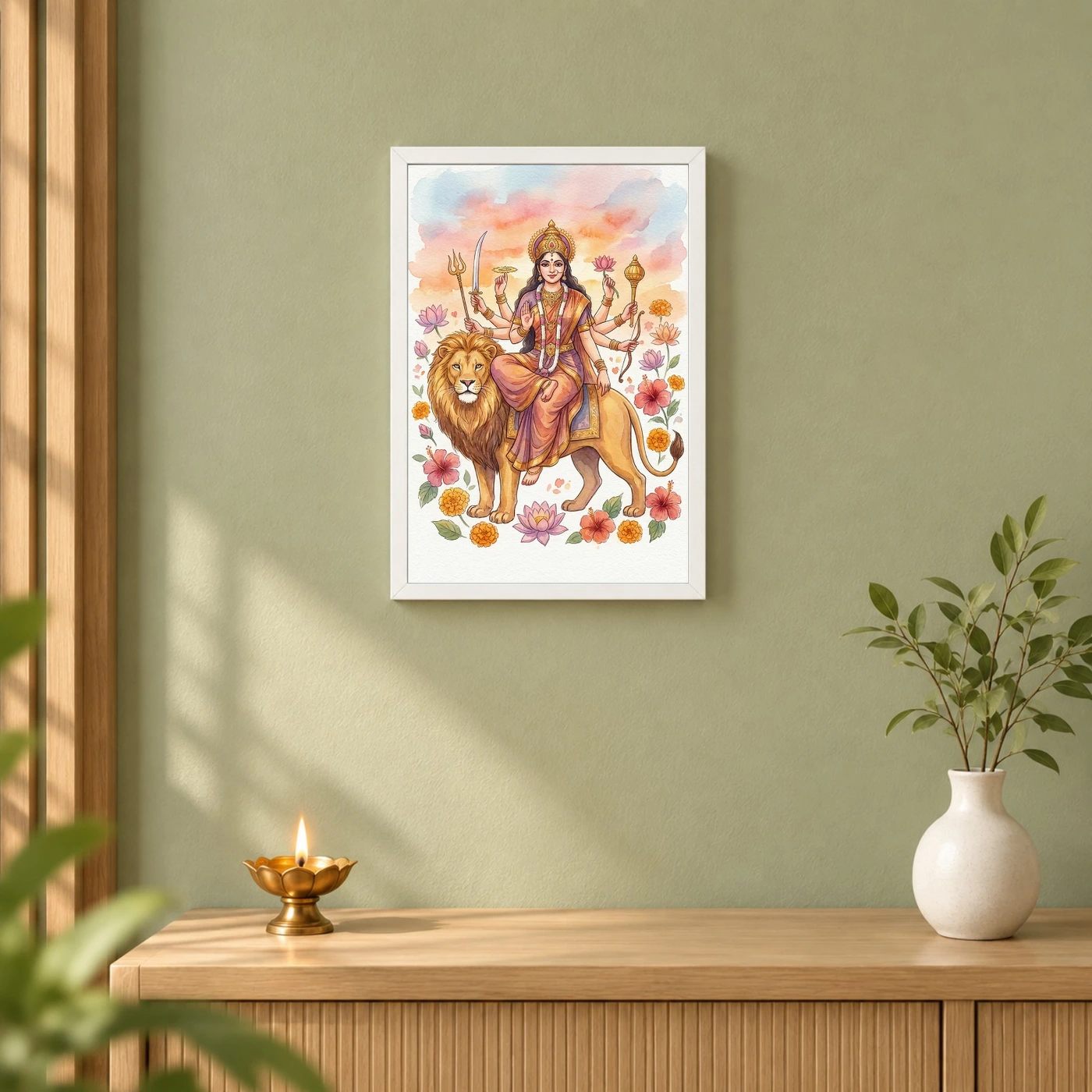 Goddess Durga Watercolor Lion Sunset Serene Powerful Art Photo Frame, view 6