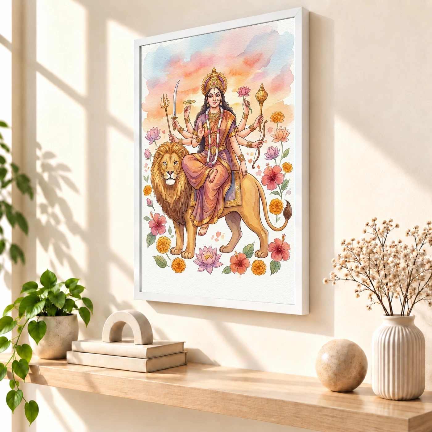 Goddess Durga Watercolor Lion Sunset Serene Powerful Art Photo Frame, view 7