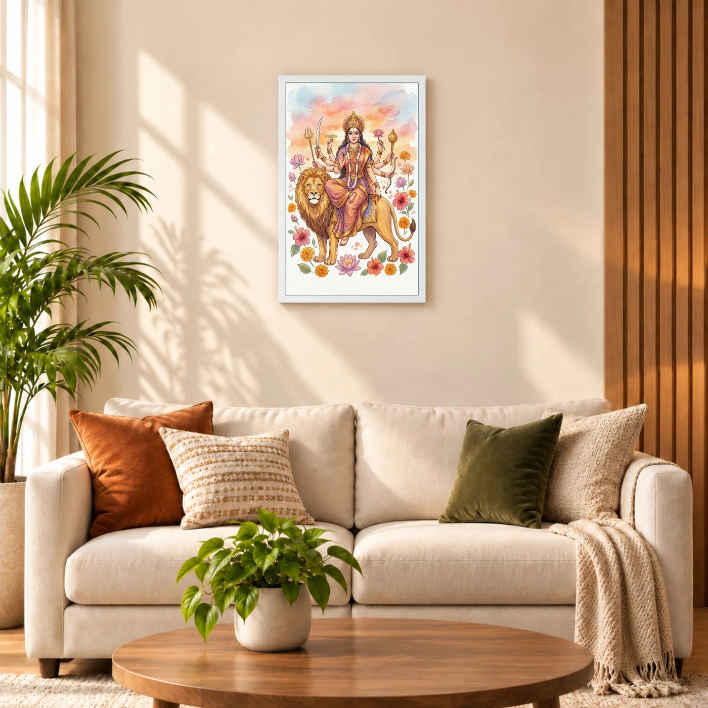 Goddess Durga Watercolor Lion Sunset Serene Powerful Art Photo Frame, view 9